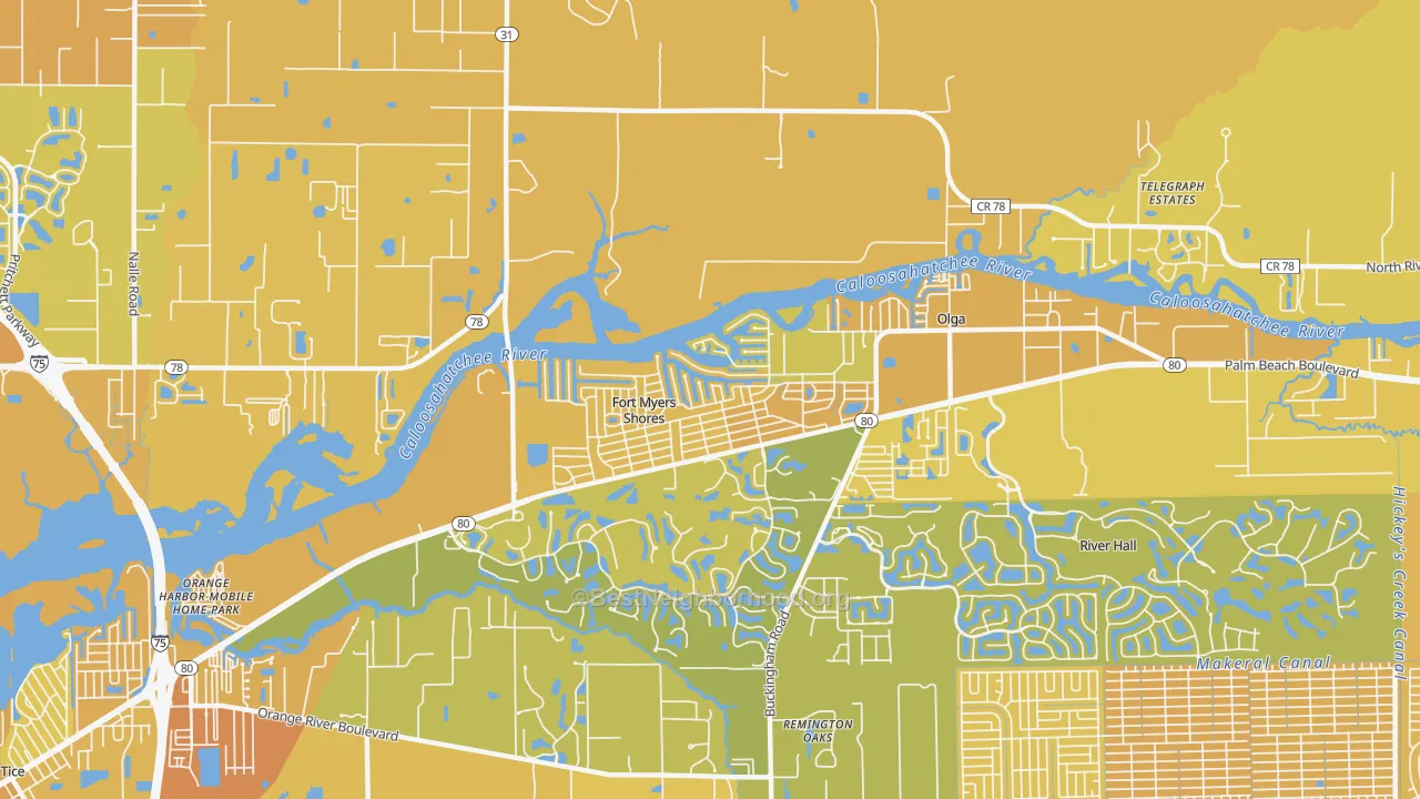 Map of the best neighborhoods in the Fort Myers Shores area, with better matches in green and worse matches in red