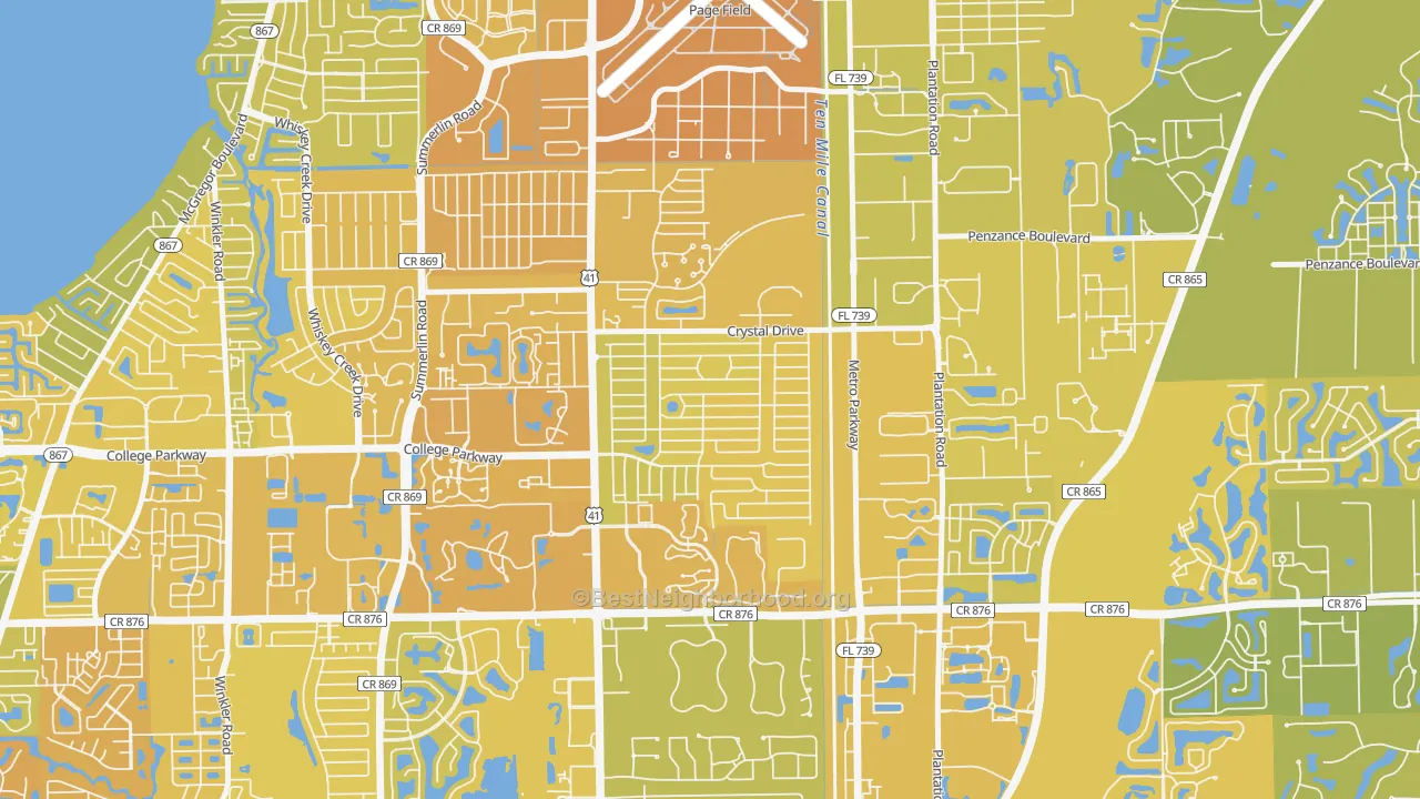 Map of the best neighborhoods in the Fort Myers Villas, Villas area, with better matches in green and worse matches in red