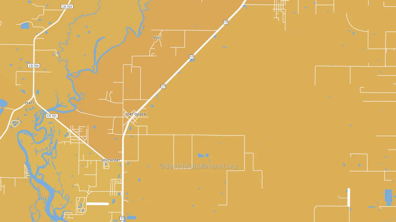 Map of the best neighborhoods in the Fort Ogden area, with better matches in green and worse matches in red