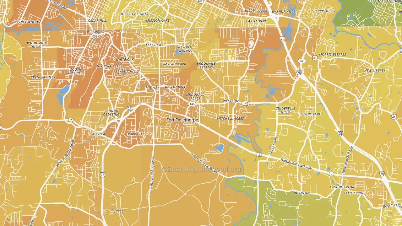 Map of the best neighborhoods in the Fort Oglethorpe area, with better matches in green and worse matches in red