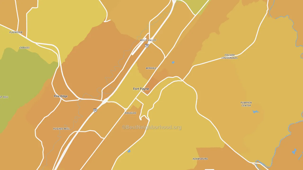 Map of the best neighborhoods in the Fort Payne area, with better matches in green and worse matches in red