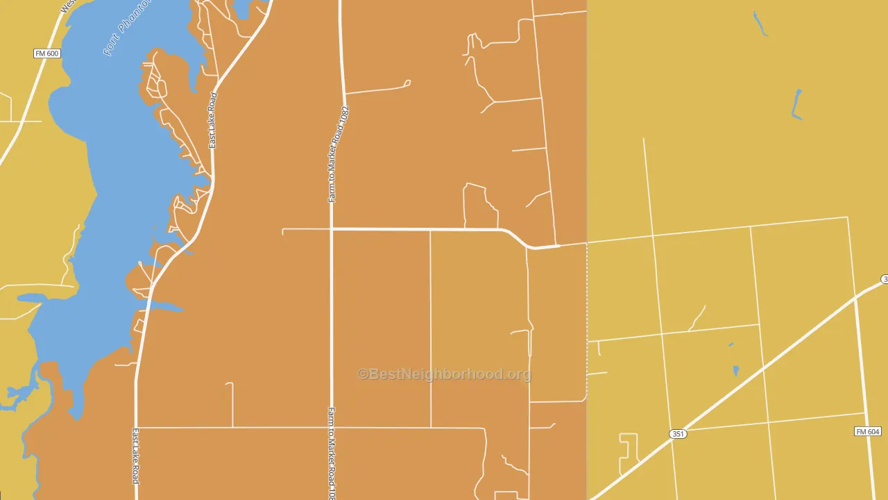 Map of the best neighborhoods in the Fort Phantom Area, Abilene area, with better matches in green and worse matches in red