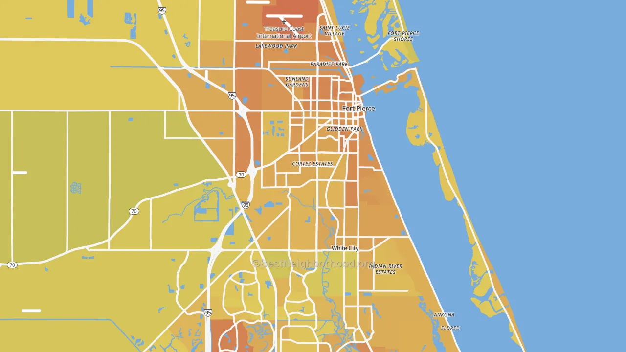 Map of the best neighborhoods in the Fort Pierce area, with better matches in green and worse matches in red