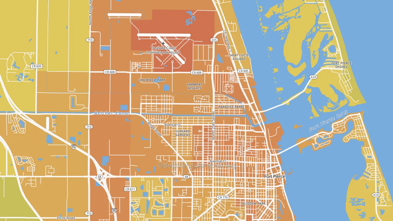 Map of the best neighborhoods in the Fort Pierce North area, with better matches in green and worse matches in red