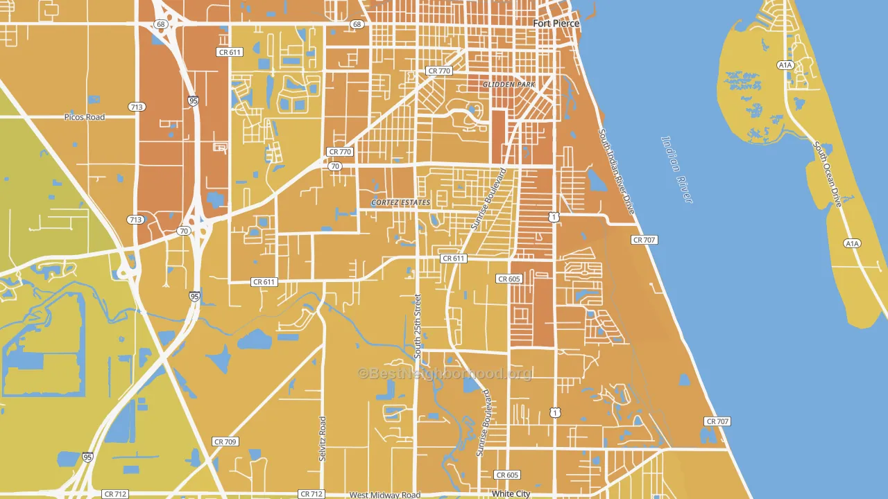 Map of the best neighborhoods in the Fort Pierce South area, with better matches in green and worse matches in red
