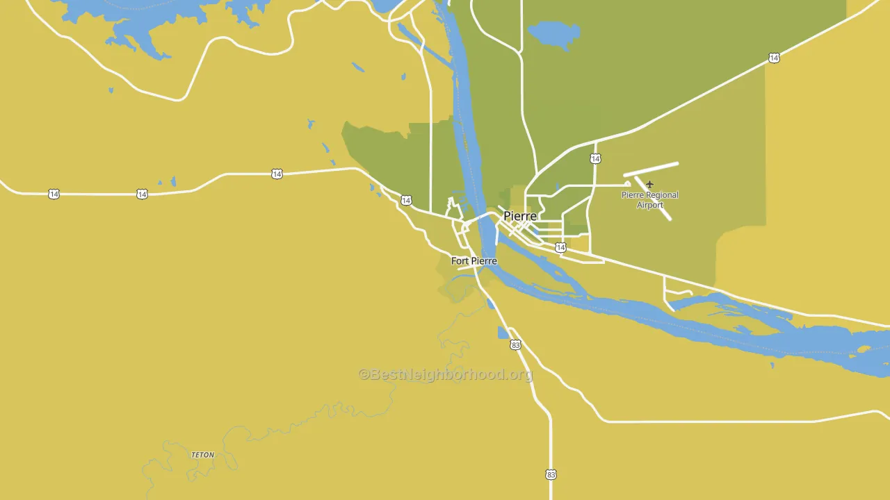 Map of the best neighborhoods in the Fort Pierre area, with better matches in green and worse matches in red