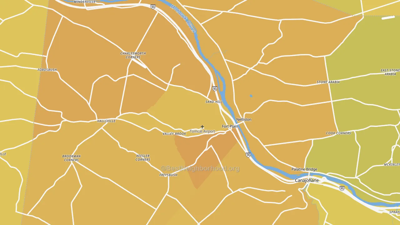 Map of the best neighborhoods in the Fort Plain area, with better matches in green and worse matches in red