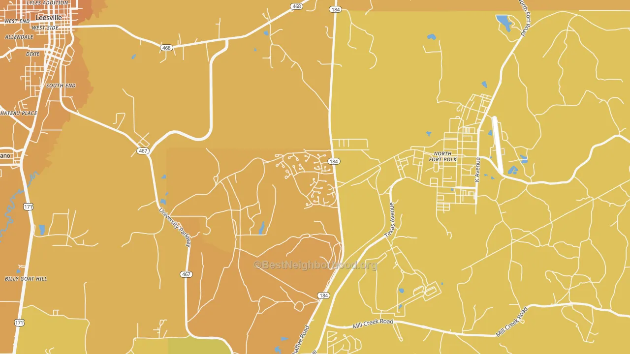 Map of the best neighborhoods in the Fort Polk North area, with better matches in green and worse matches in red