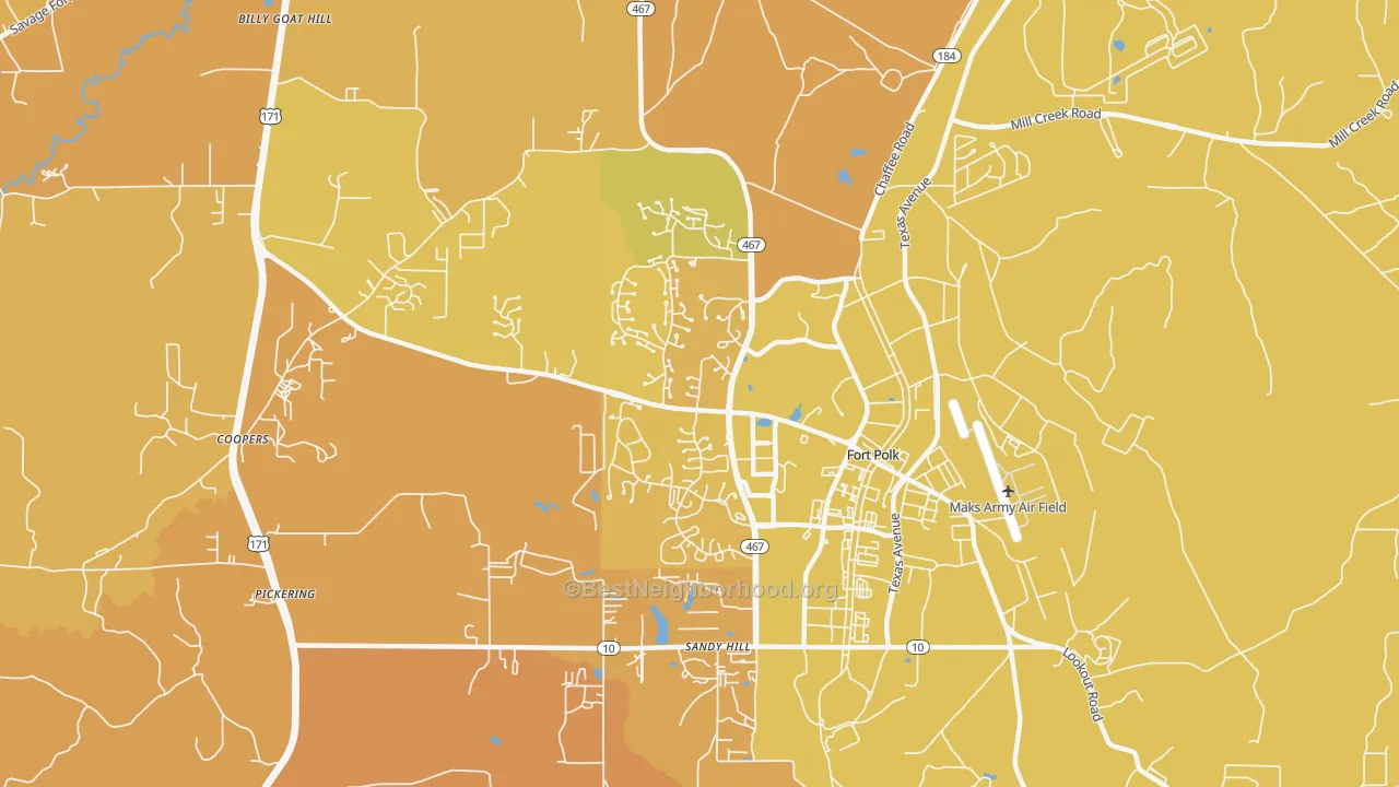 Map of the best neighborhoods in the Fort Polk South area, with better matches in green and worse matches in red