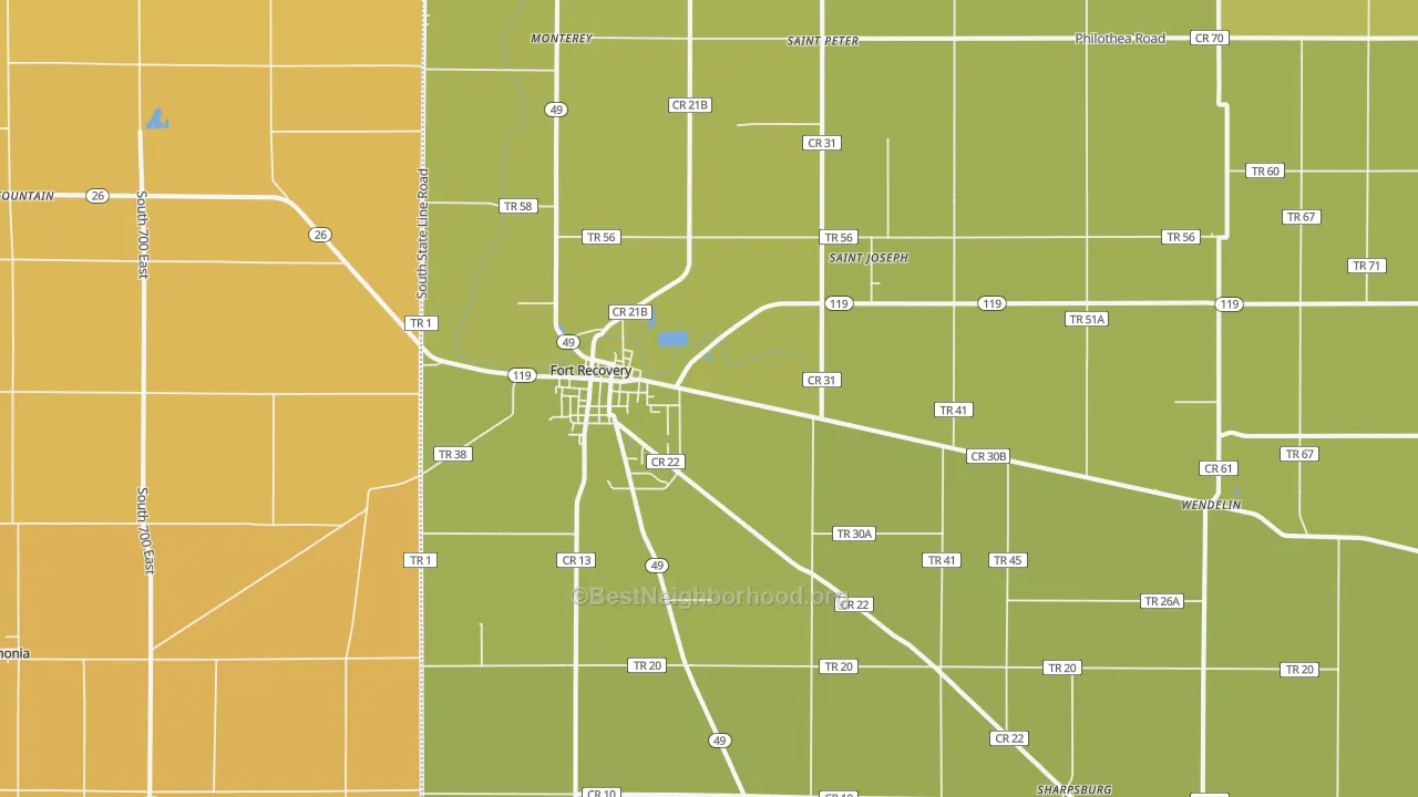 Map of the best neighborhoods in the Fort Recovery area, with better matches in green and worse matches in red