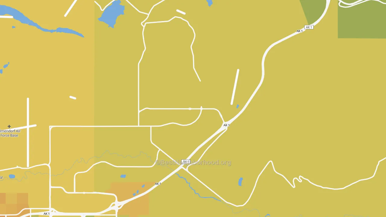 Map of the best neighborhoods in the Fort Richardson area, with better matches in green and worse matches in red