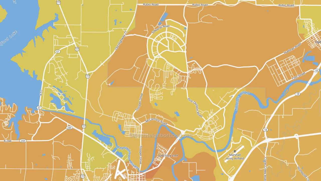 Map of the best neighborhoods in the Fort Riley area, with better matches in green and worse matches in red