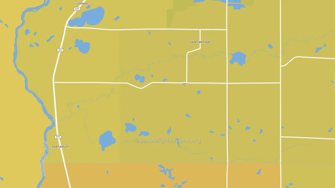 Map of the best neighborhoods in the Fort Ripley area, with better matches in green and worse matches in red