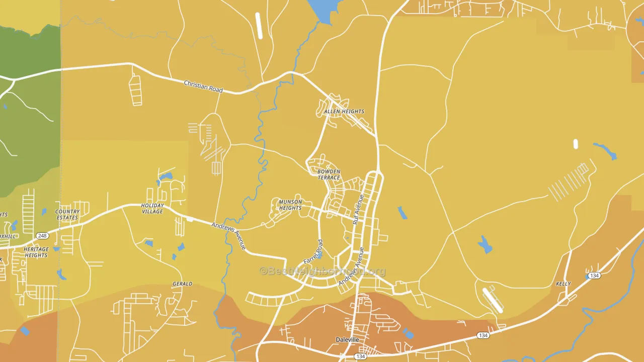 Map of the best neighborhoods in the Fort Rucker area, with better matches in green and worse matches in red
