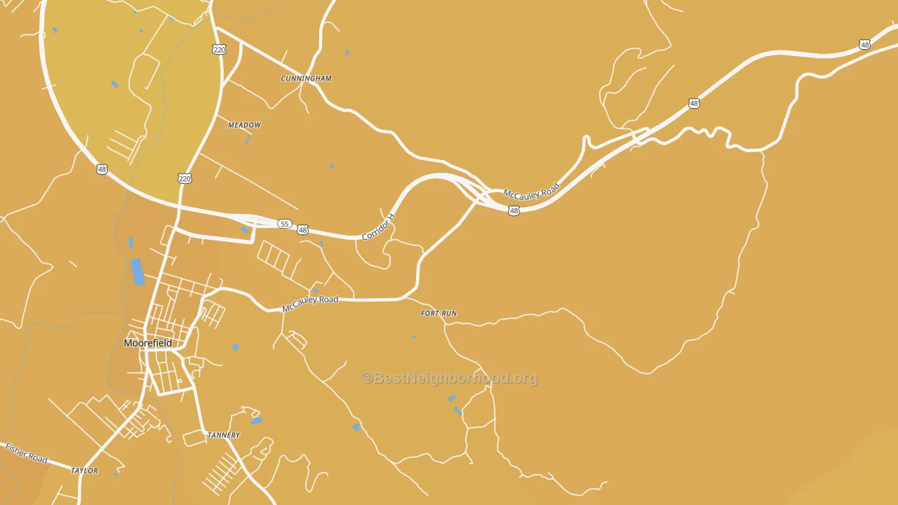 Map of the best neighborhoods in the Fort Run area, with better matches in green and worse matches in red