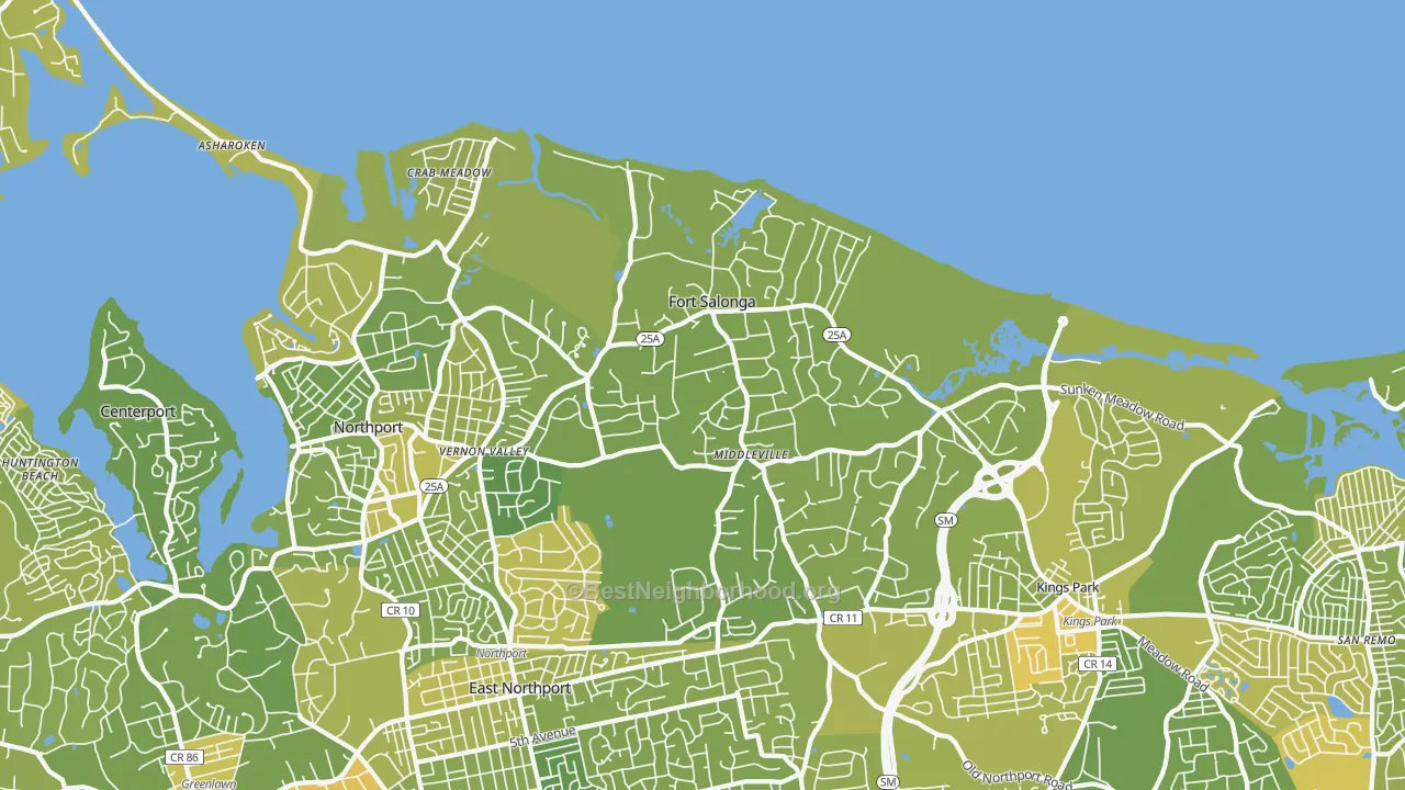 Map of the best neighborhoods in the Fort Salonga area, with better matches in green and worse matches in red