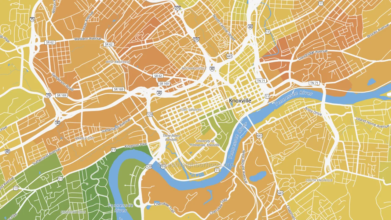 Map of the best neighborhoods in the Fort Sanders, Knoxville area, with better matches in green and worse matches in red