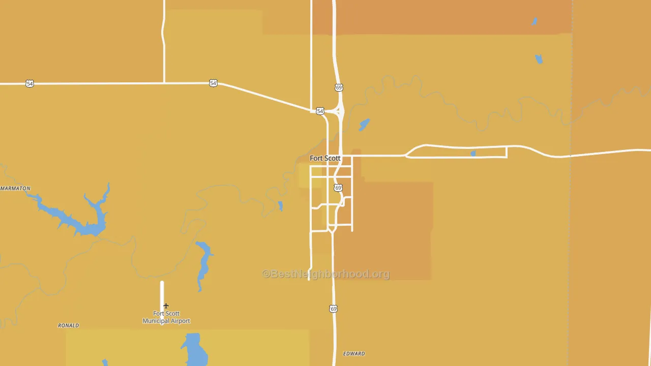 Map of the best neighborhoods in the Fort Scott area, with better matches in green and worse matches in red