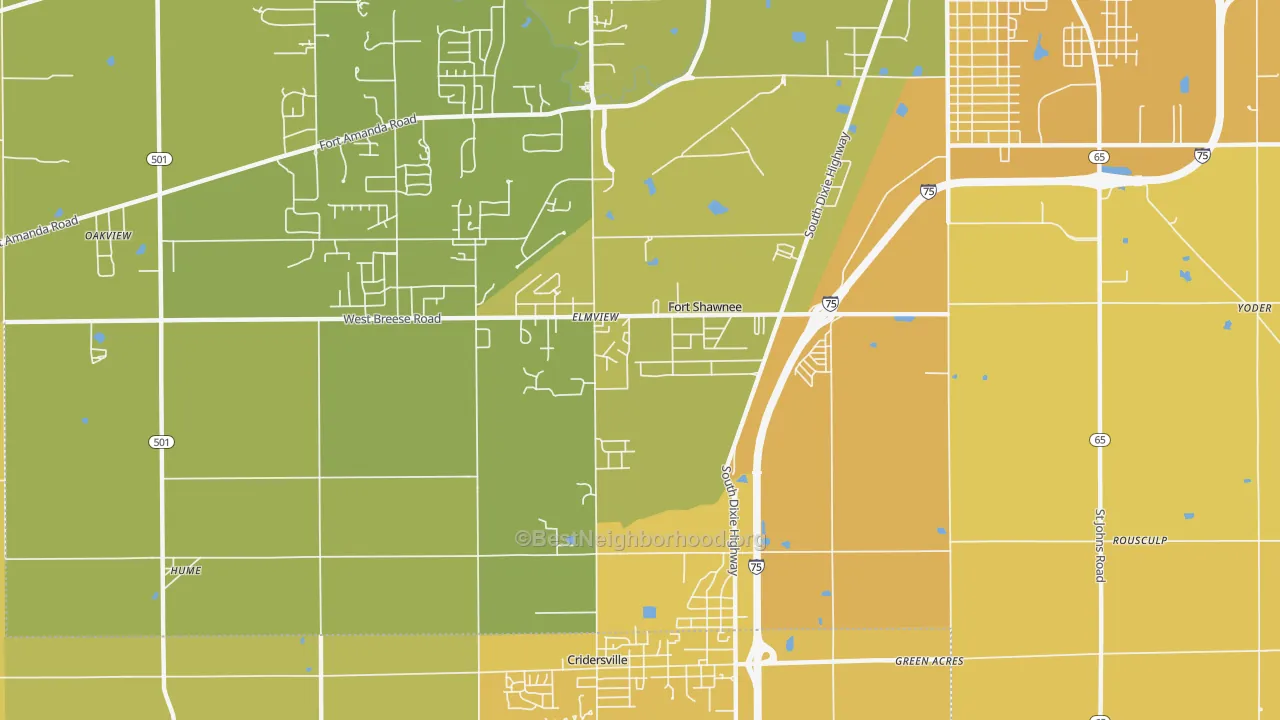 Map of the best neighborhoods in the Fort Shawnee area, with better matches in green and worse matches in red