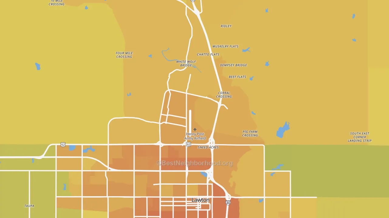 Map of the best neighborhoods in the Fort Sill area, with better matches in green and worse matches in red