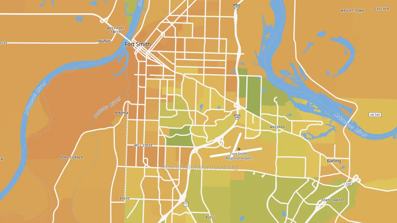 Map of the best neighborhoods in the Fort Smith Metro area, with better matches in green and worse matches in red