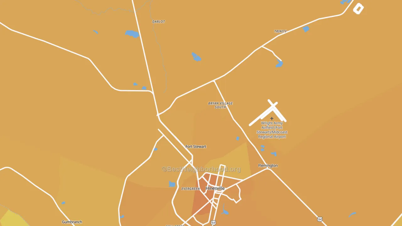 Map of the best neighborhoods in the Fort Stewart area, with better matches in green and worse matches in red