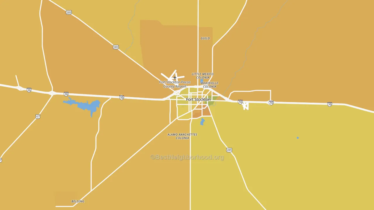 Map of the best neighborhoods in the Fort Stockton area, with better matches in green and worse matches in red