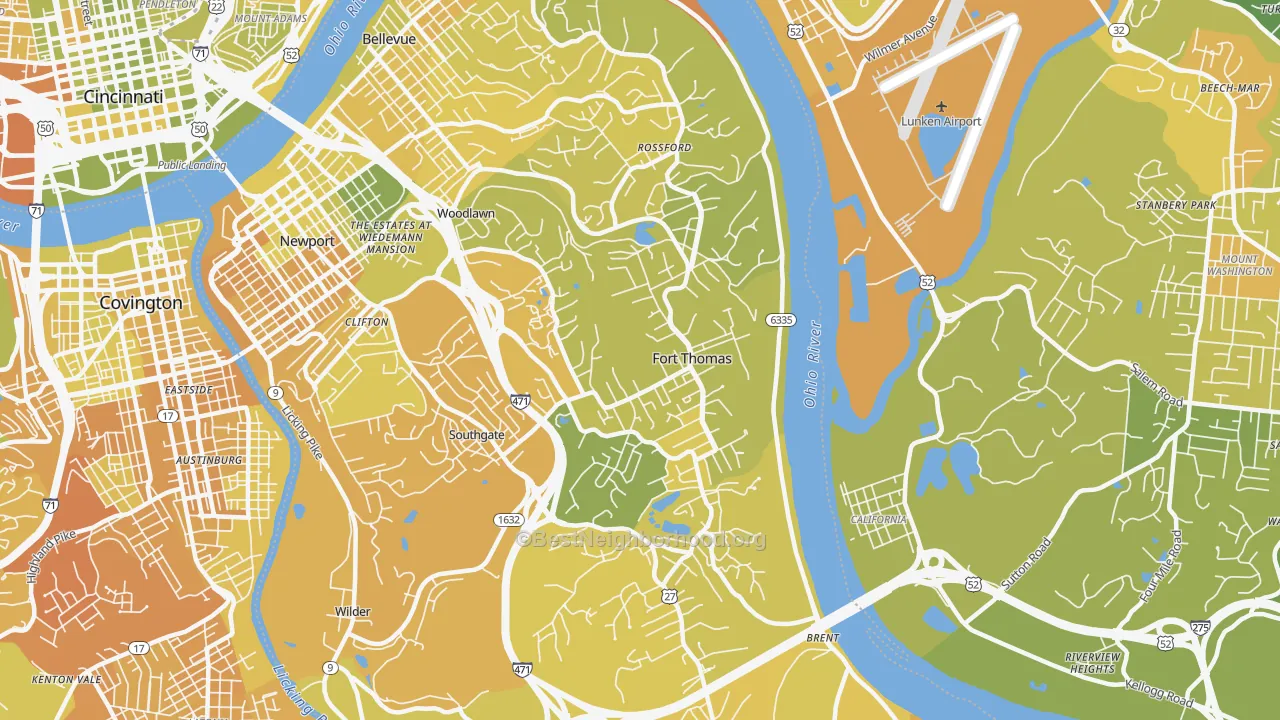 Map of the best neighborhoods in the Fort Thomas area, with better matches in green and worse matches in red