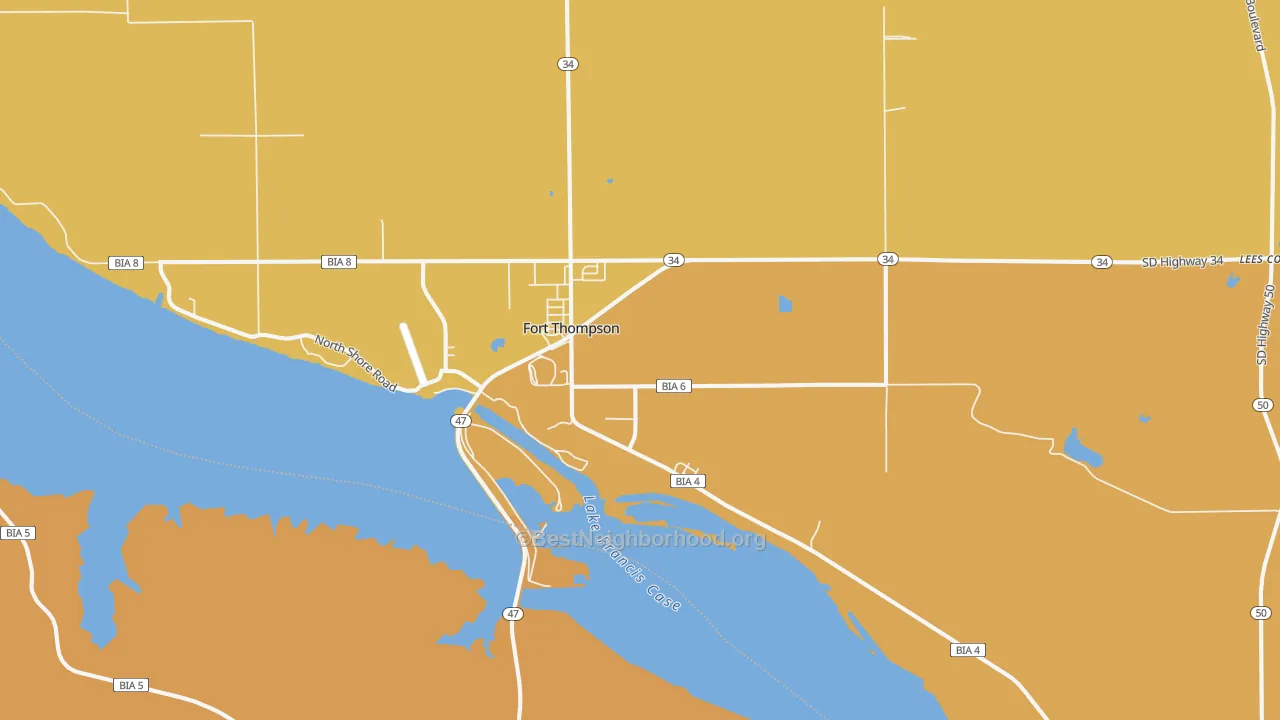 Map of the best neighborhoods in the Fort Thompson area, with better matches in green and worse matches in red