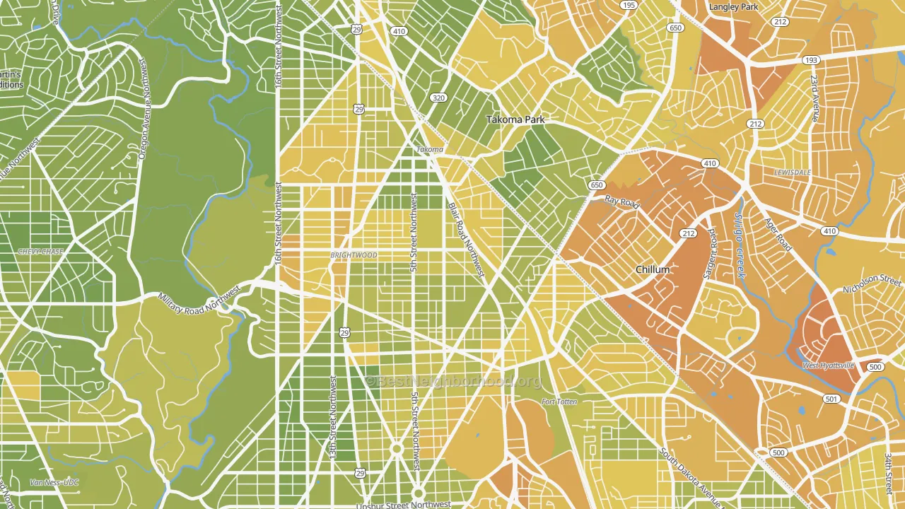 Map of the best neighborhoods in the Fort Totten-Upper Northeast, Washington area, with better matches in green and worse matches in red