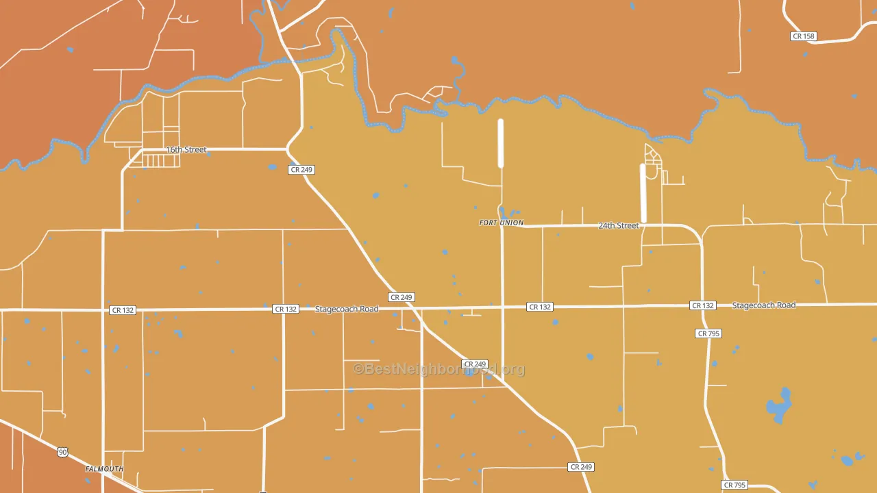 Map of the best neighborhoods in the Fort Union area, with better matches in green and worse matches in red
