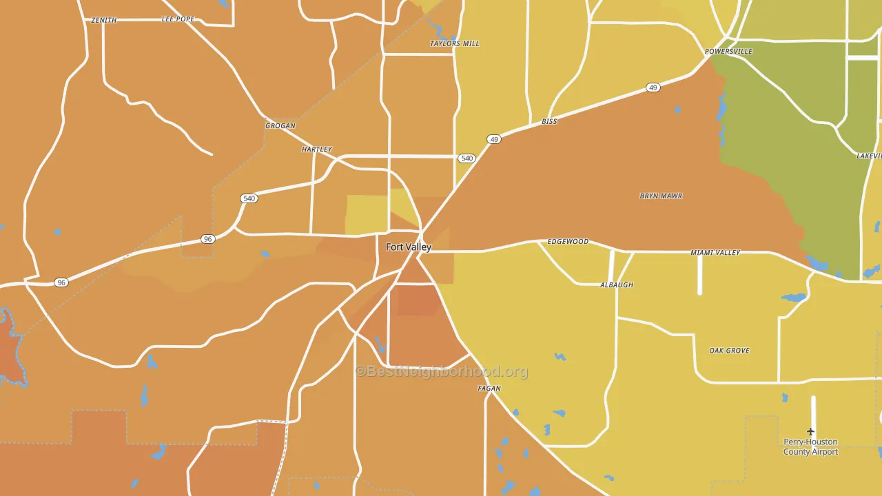 Map of the best neighborhoods in the Fort Valley area, with better matches in green and worse matches in red