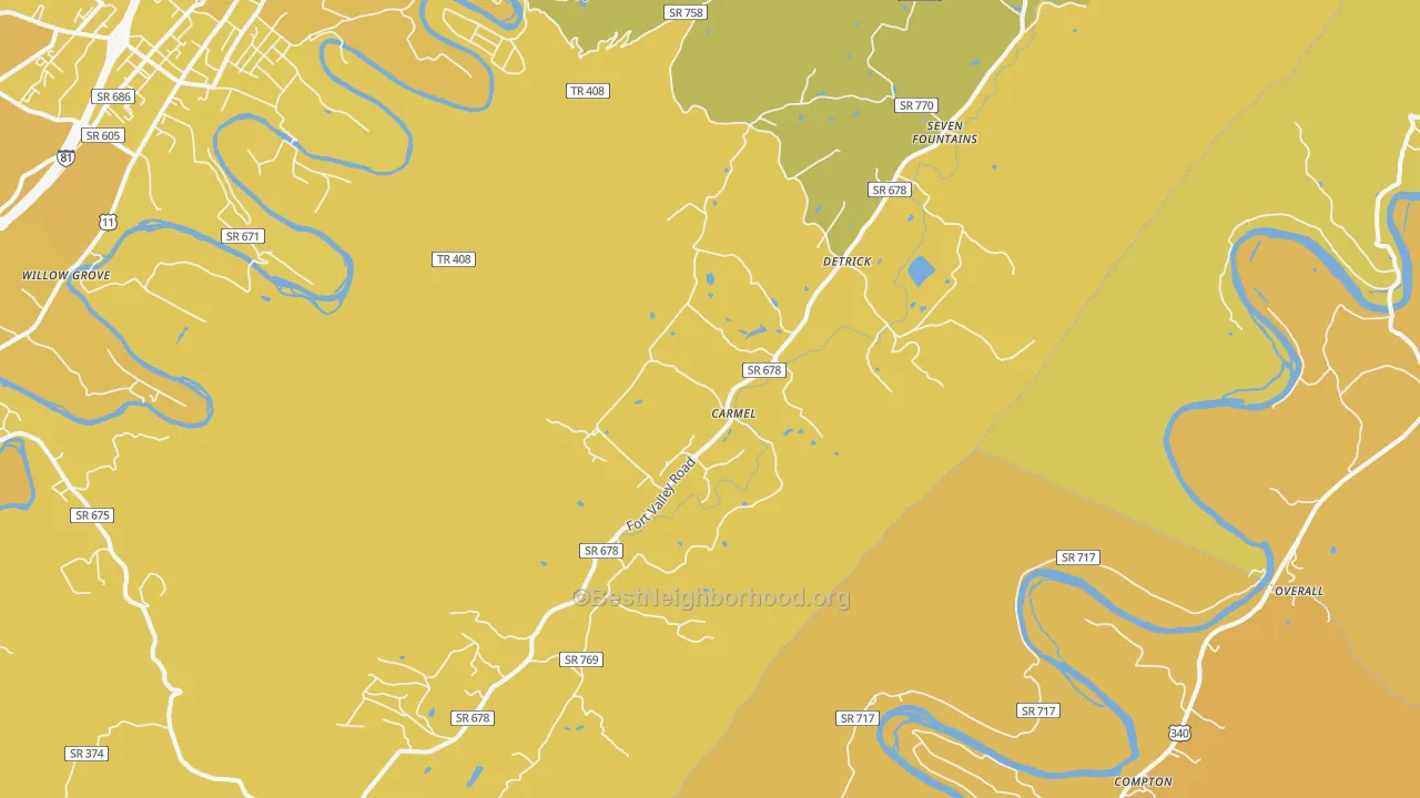 Map of the best neighborhoods in the Fort Valley area, with better matches in green and worse matches in red
