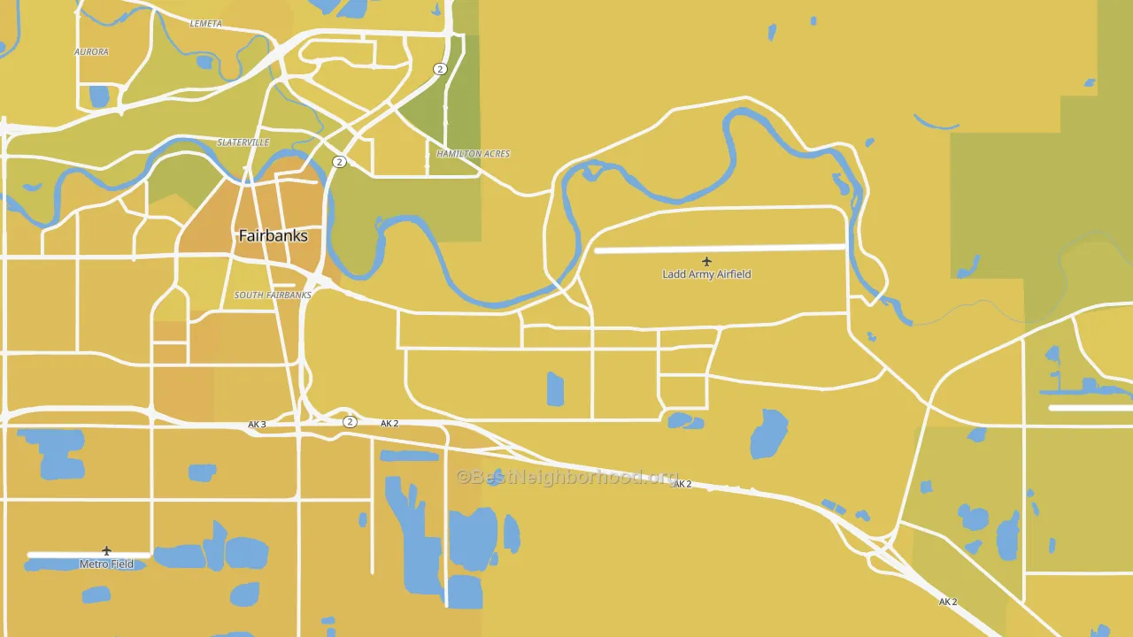 Map of the best neighborhoods in the Fort Wainwright area, with better matches in green and worse matches in red