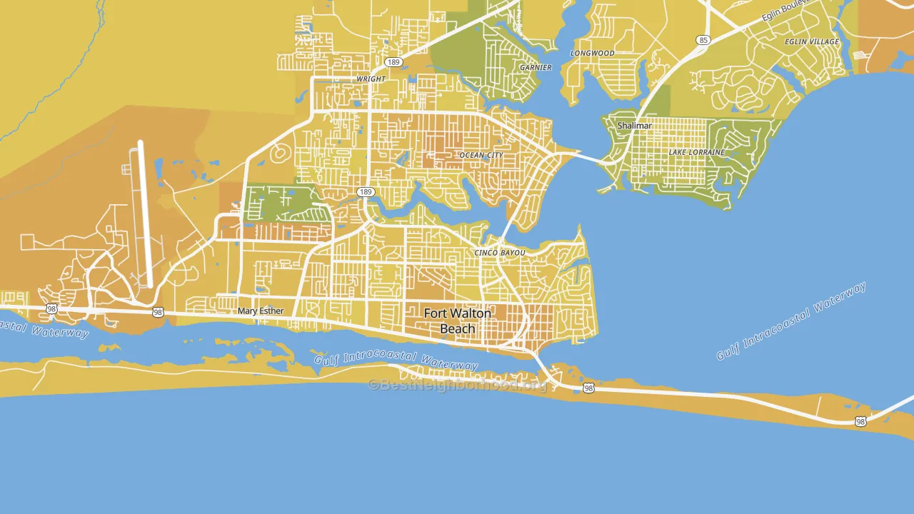 Map of the best neighborhoods in the Fort Walton Beach area, with better matches in green and worse matches in red