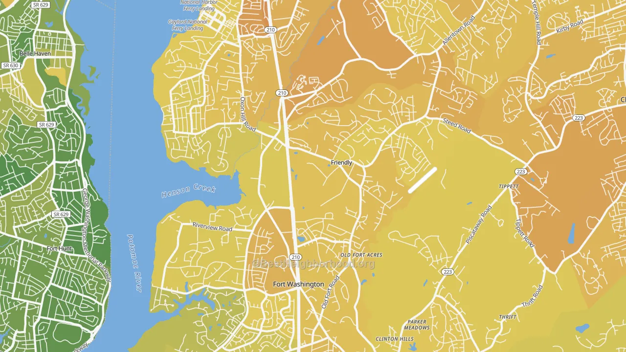 Map of the best neighborhoods in the Fort Washington area, with better matches in green and worse matches in red