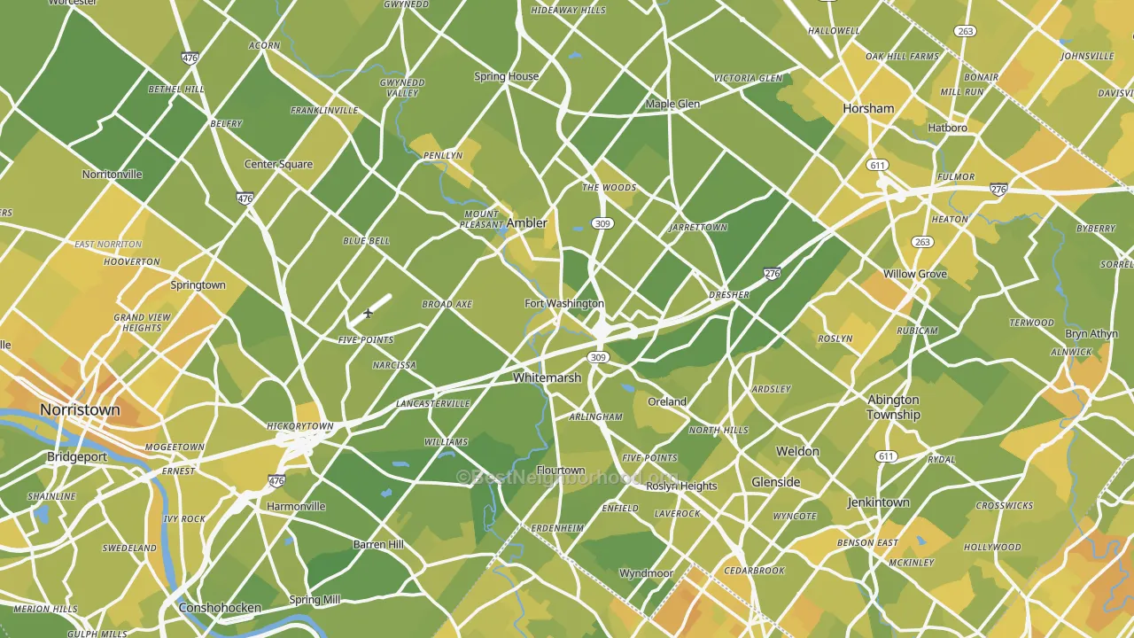 Map of the best neighborhoods in the Fort Washington area, with better matches in green and worse matches in red