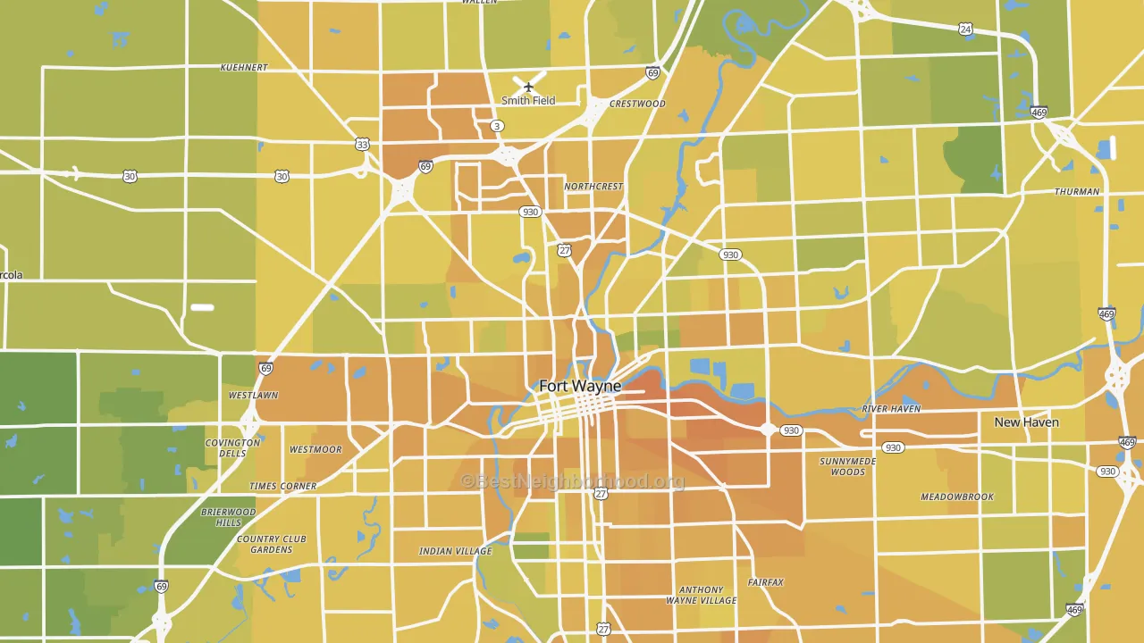 Map of the best neighborhoods in the Fort Wayne Metro area, with better matches in green and worse matches in red