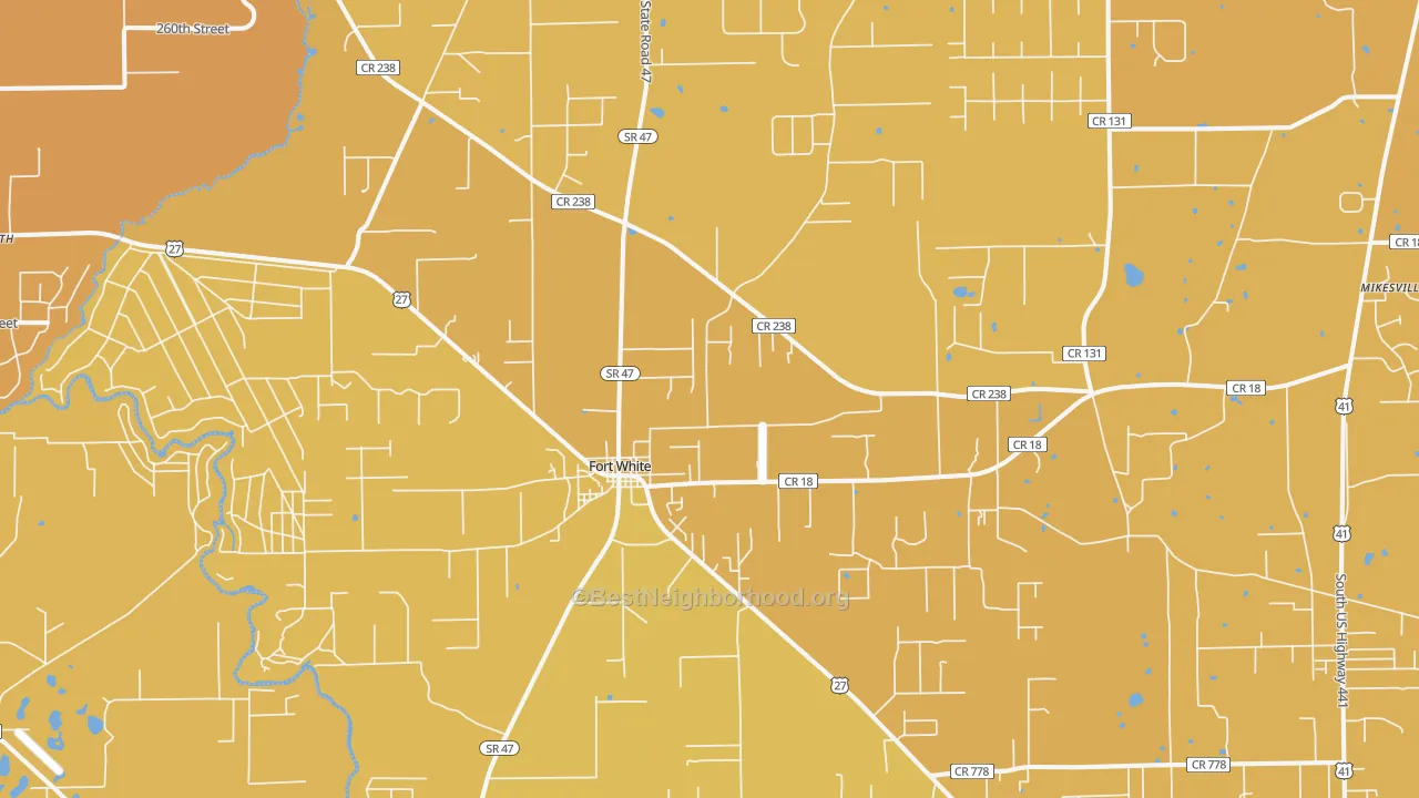 Map of the best neighborhoods in the Fort White area, with better matches in green and worse matches in red