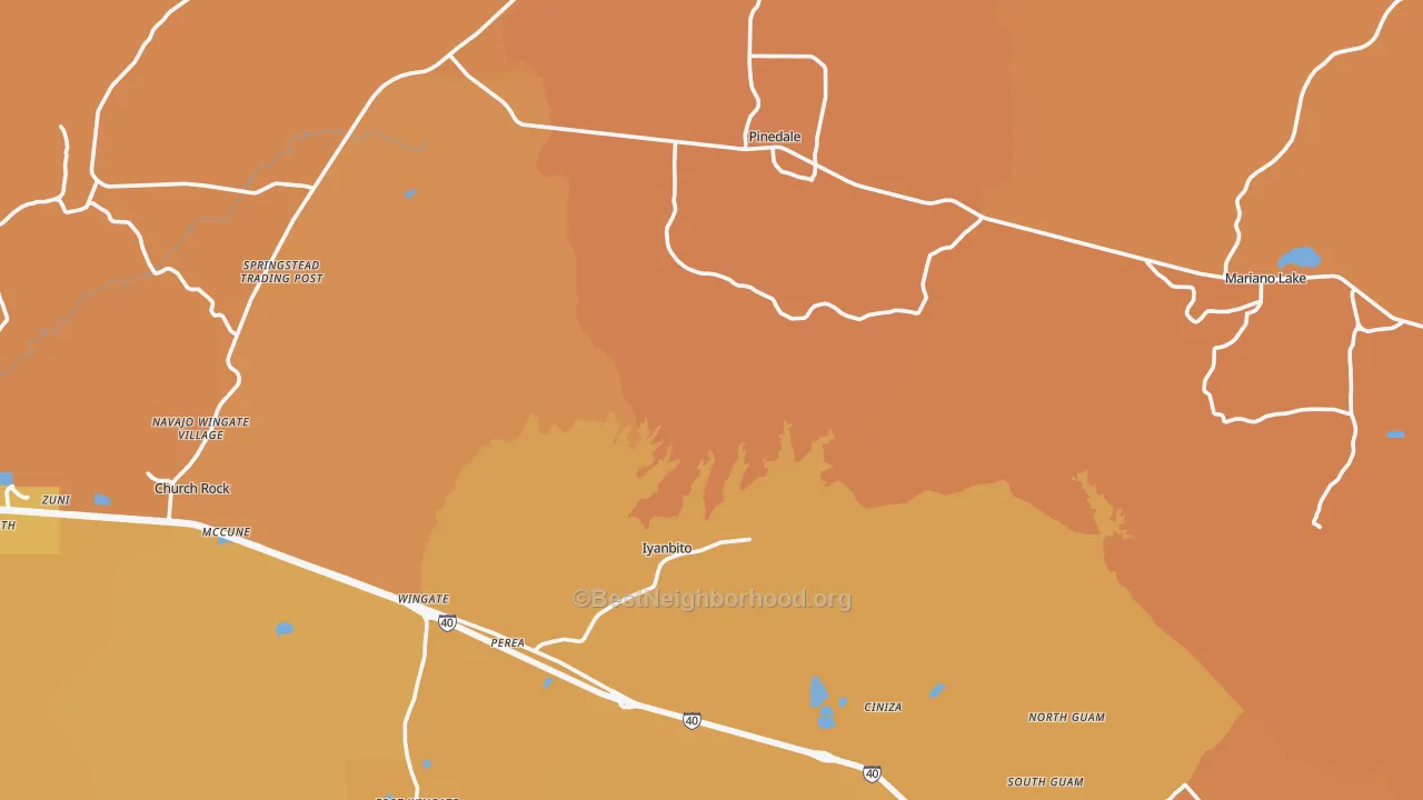 Map of the best neighborhoods in the Fort Wingate area, with better matches in green and worse matches in red