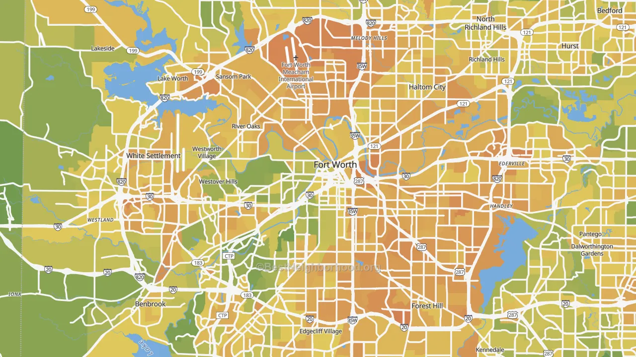 Map of the best neighborhoods in the Fort Worth area, with better matches in green and worse matches in red