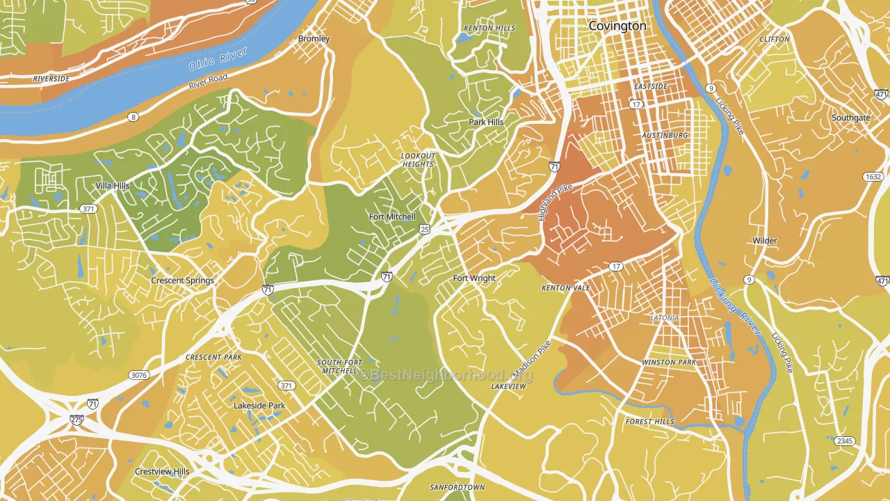 Map of the best neighborhoods in the Fort Wright area, with better matches in green and worse matches in red