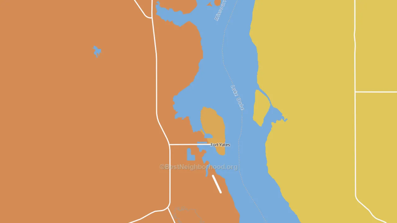 Map of the best neighborhoods in the Fort Yates area, with better matches in green and worse matches in red