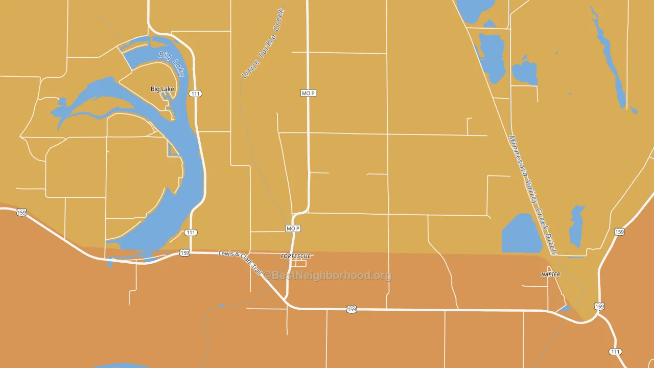 Map of the best neighborhoods in the Fortescue area, with better matches in green and worse matches in red