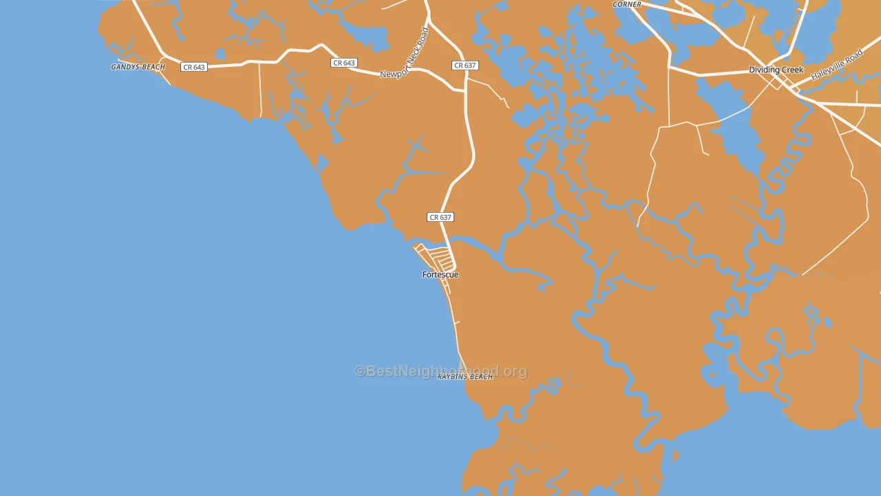 Map of the best neighborhoods in the Fortescue area, with better matches in green and worse matches in red