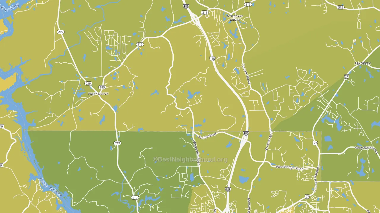 Map of the best neighborhoods in the Fortson area, with better matches in green and worse matches in red