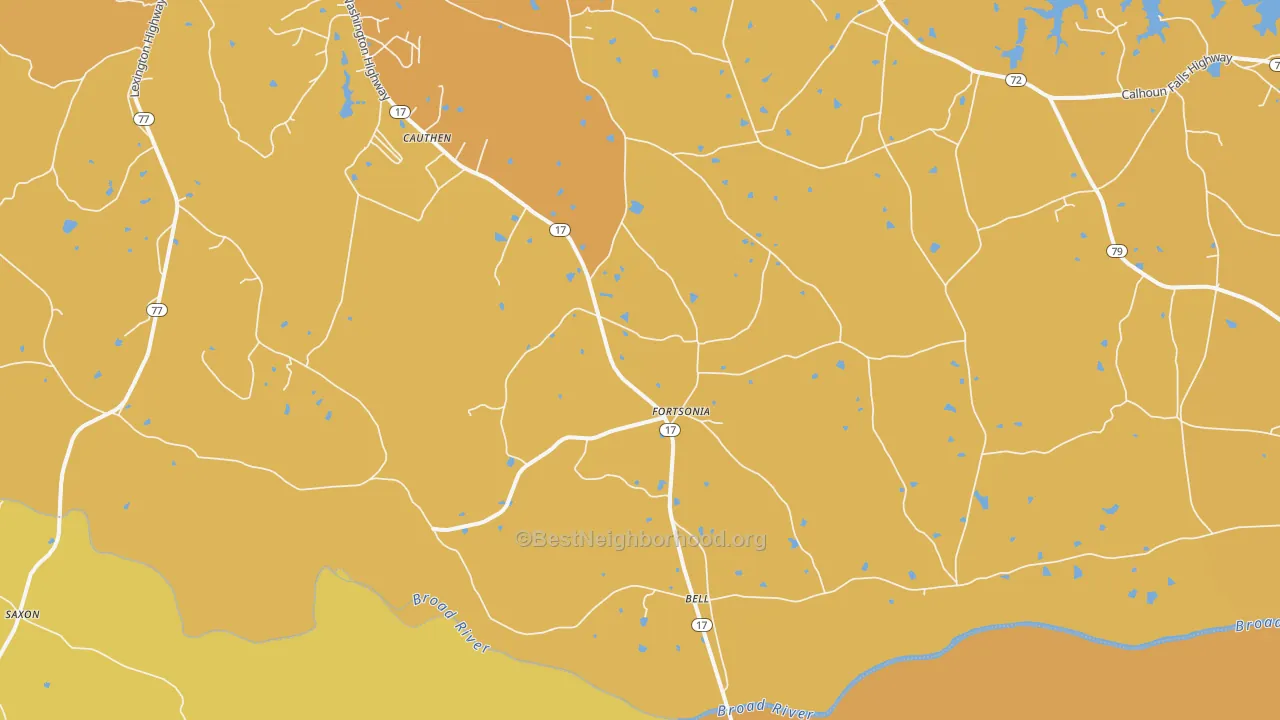 Map of the best neighborhoods in the Fortsonia area, with better matches in green and worse matches in red