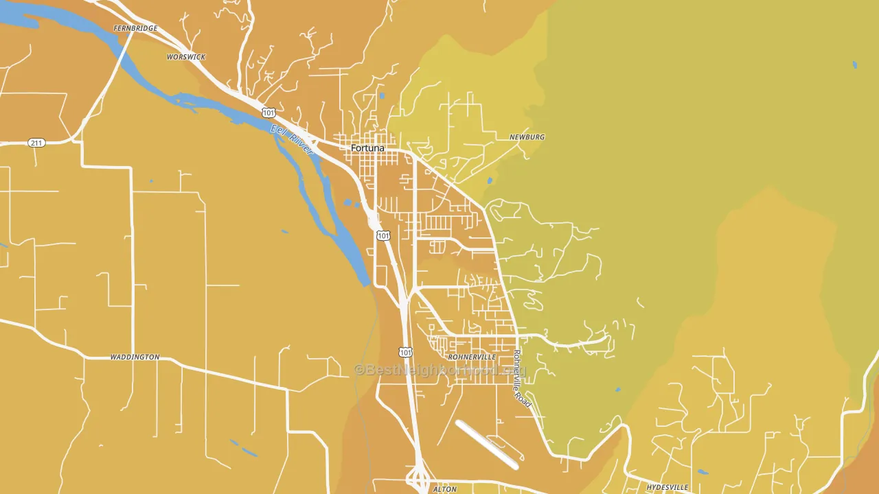Map of the best neighborhoods in the Fortuna area, with better matches in green and worse matches in red