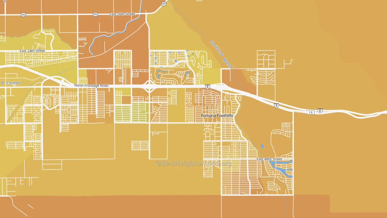 Map of the best neighborhoods in the Fortuna Foothills area, with better matches in green and worse matches in red
