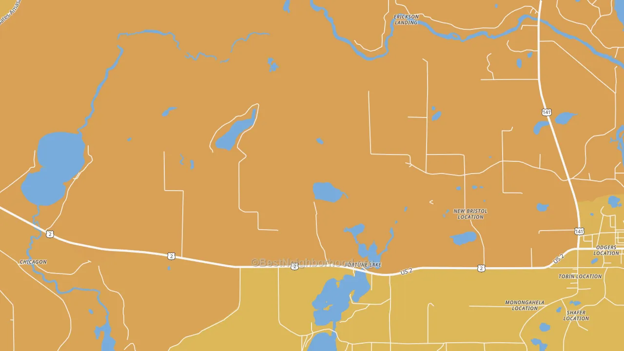 Map of the best neighborhoods in the Fortune Lake area, with better matches in green and worse matches in red